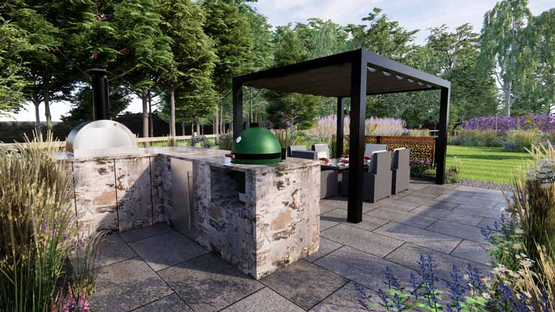 realistic 3D render of design for an outdoor kitchen and dining area