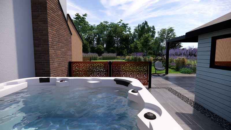 3D rendered garden design showing patio with hot tub and views across a beautiful garden