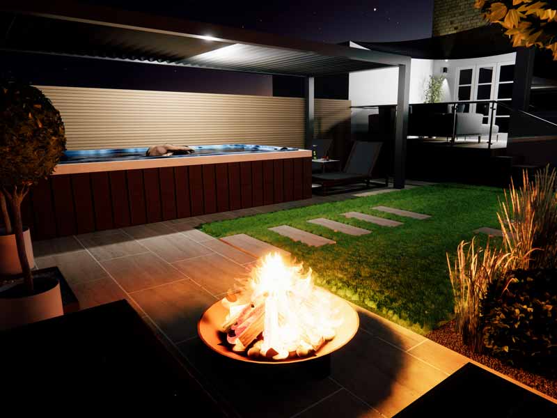 3D render of garden design showing night time view with fire pit and lighting