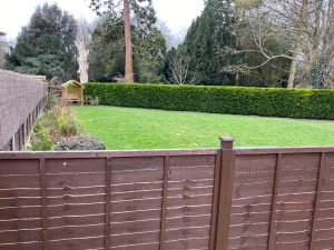 back garden with large lawn and well maintained hedge