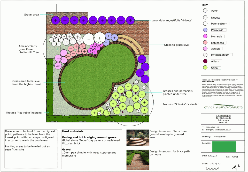 colourful 2D layout and planting plan for front garden